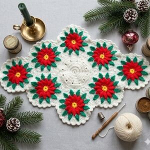 Vintage Handmade Crochet Poinsettia 3D Flower Christmas Table Runner Large 32"